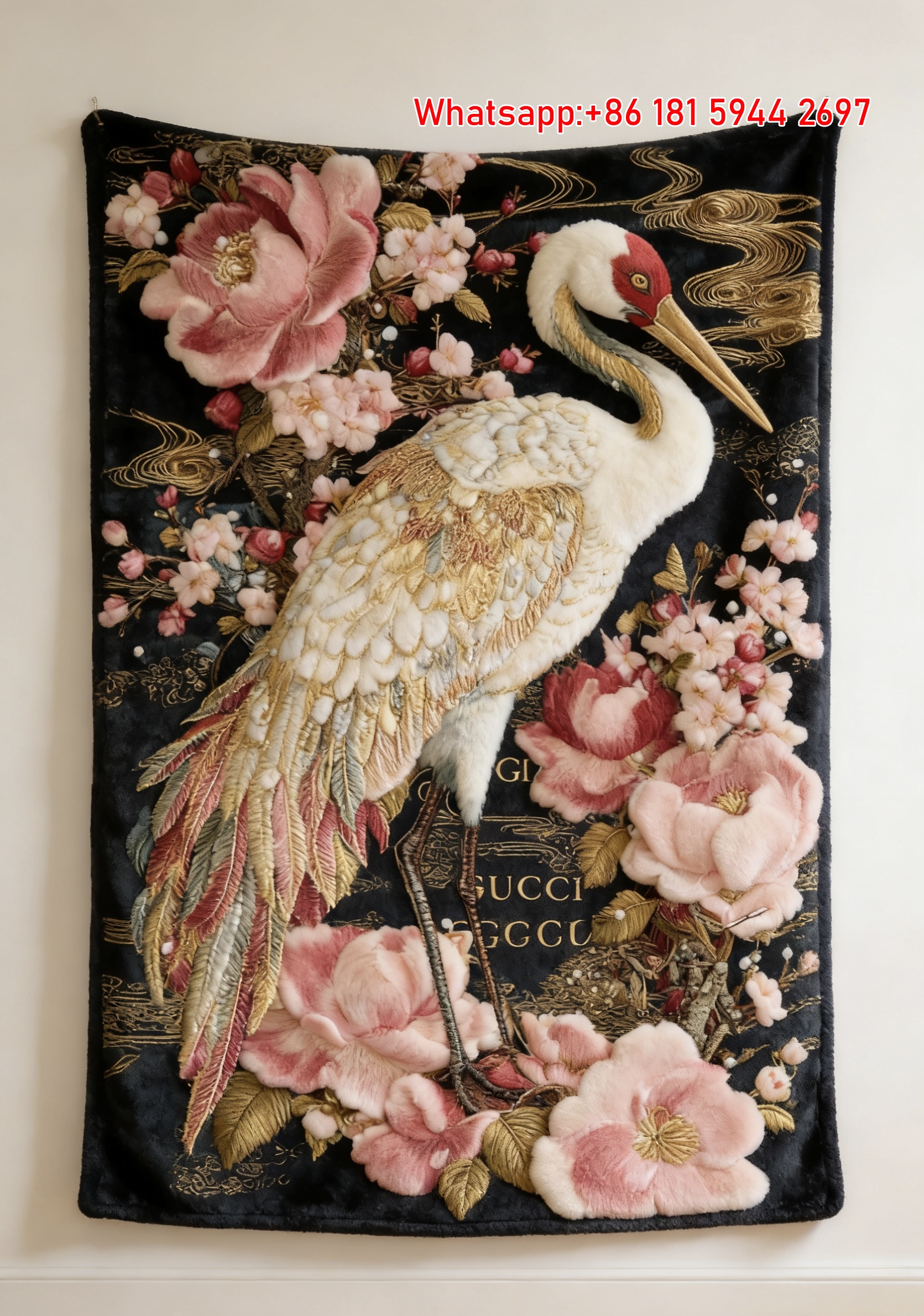 Gucci Gilded Crane throw Blanket Opulent Oriental Stitched Art IMG_2774